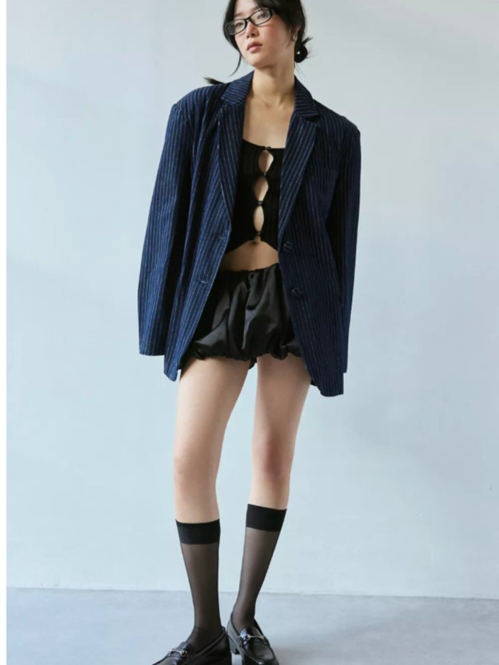 New AFRM Joette Oversized Cotton Blend Blazer Blue Stripe - S